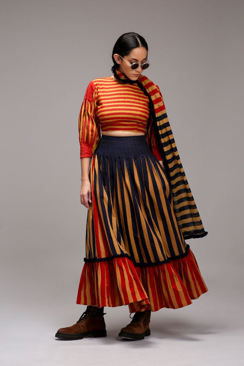 Tan-Brown Blue Red Dual Striped Skirt cotton by Mati in brown color for women Worldwide