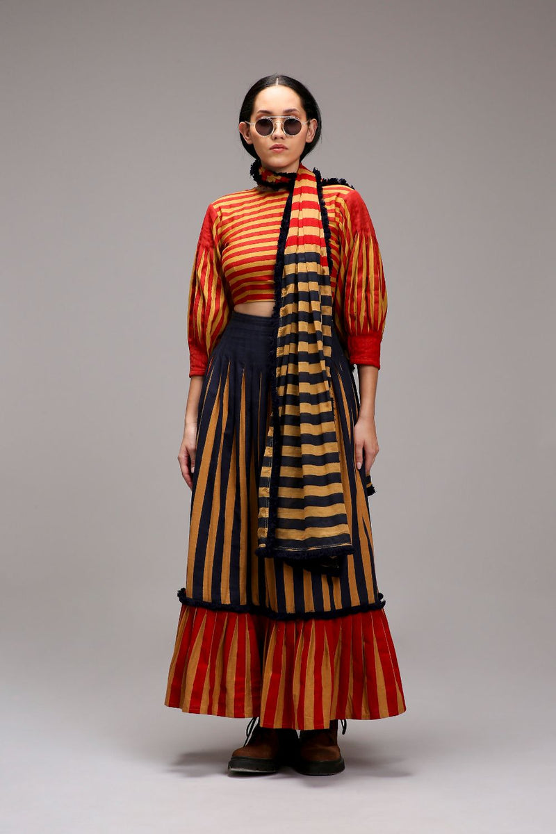 Tan-Brown Blue Red Dual Striped Skirt cotton by Mati in brown color for women Worldwide