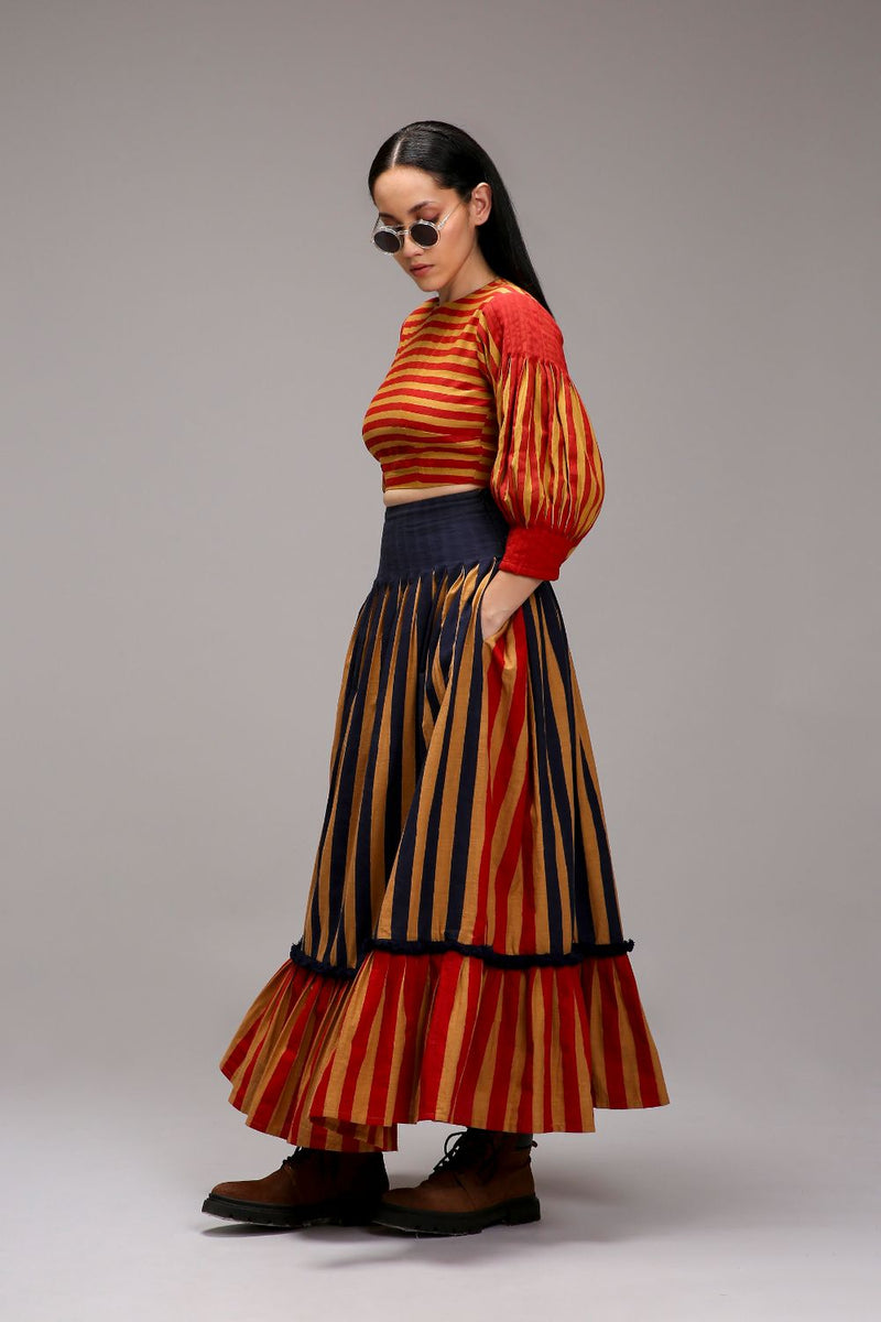 Tan-Brown Blue Red Dual Striped Skirt cotton by Mati in brown color for women Worldwide