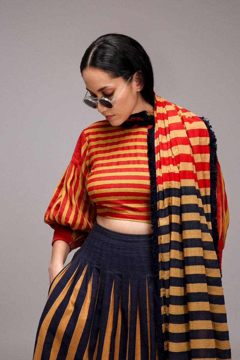 Tan-Brown Blue Red Dual Striped Skirt cotton by Mati in brown color for women Worldwide