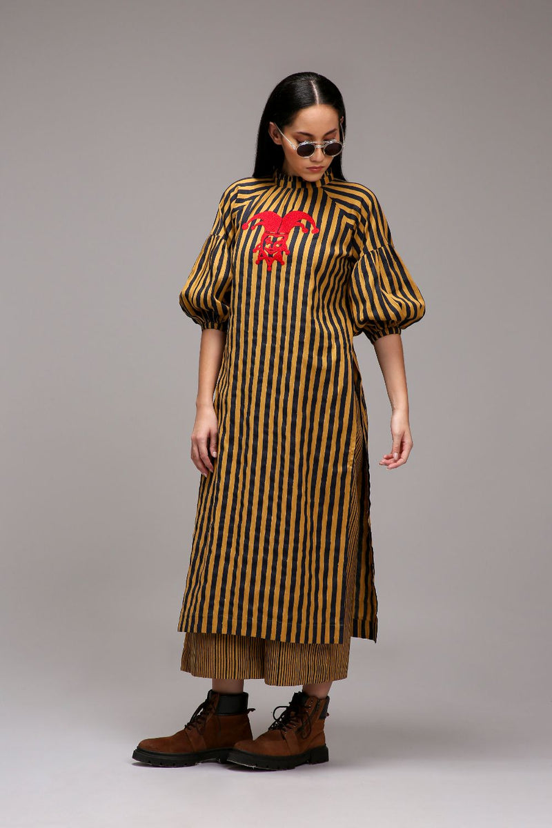 Tan-Brown Blue Striped Big Joker Tunic Set (2 PCS) cotton by Mati in brown color for women Worldwide