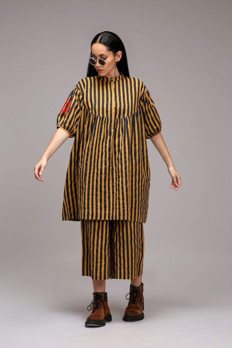 Tan-Brown Blue Striped Short Acra Tunic Set (2 PCS) cotton by Mati in brown color for women Worldwide