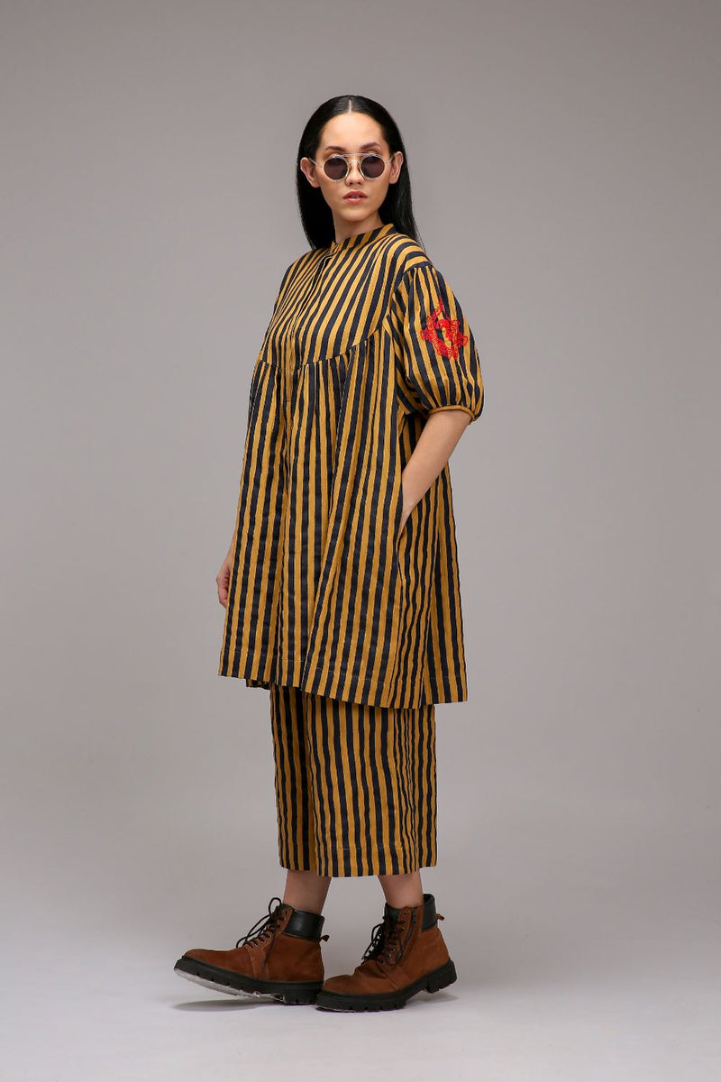 Tan-Brown Blue Striped Short Acra Tunic cotton by Mati in brown color for women Worldwide
