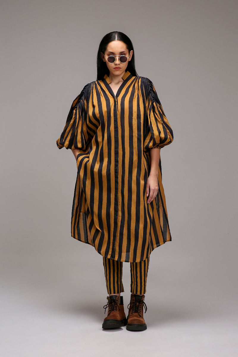 Tan-Brown Blue Striped Baha Tunic Set (2 PCS) cotton by Mati in brown color for women Worldwide