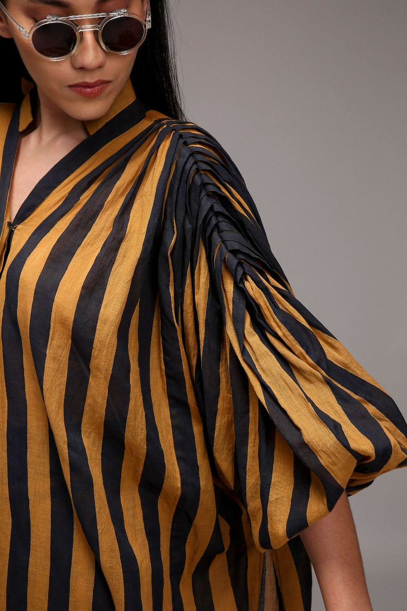 Tan-Brown Blue Striped Baha Tunic Set (2 PCS) cotton by Mati in brown color for women Worldwide