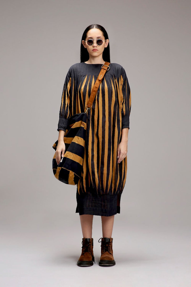 Tan-Brown Blue Striped Balloon Dress cotton by Mati in brown color for women Worldwide