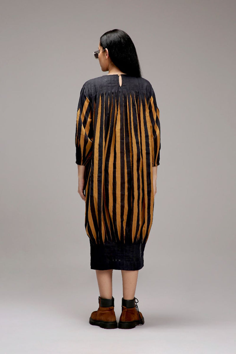 Tan-Brown Blue Striped Balloon Dress cotton by Mati in brown color for women Worldwide