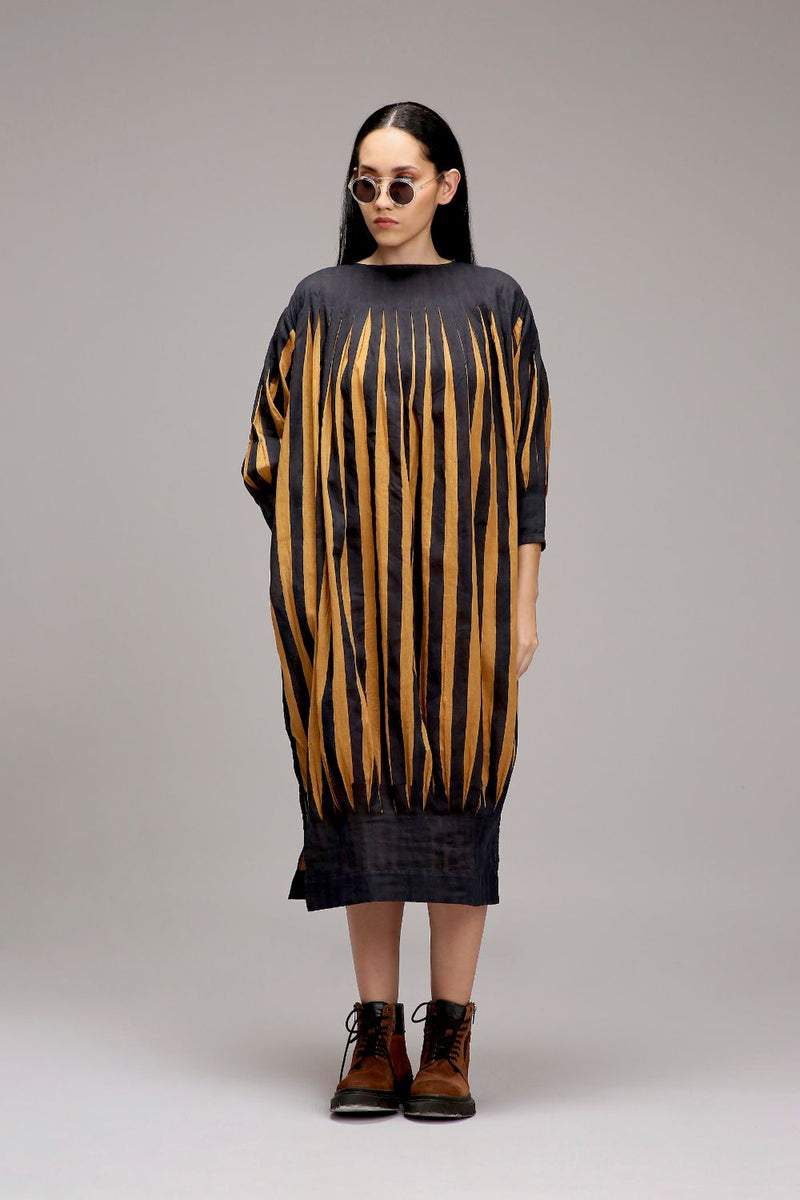 Tan-Brown Blue Striped Balloon Dress cotton by Mati in brown color for women Worldwide