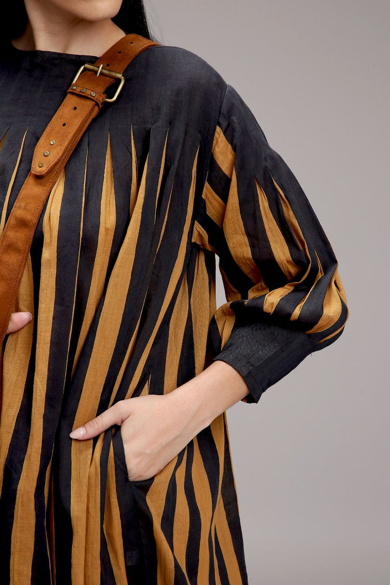Tan-Brown Blue Striped Balloon Dress cotton by Mati in brown color for women Worldwide