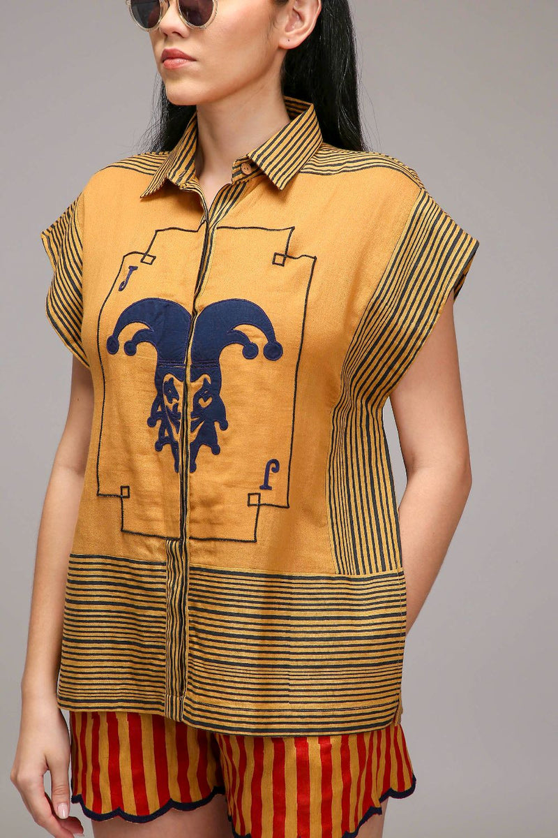 Tan-Brown Blue Striped Blue Joker Shirt cotton by Mati in brown color for women Worldwide
