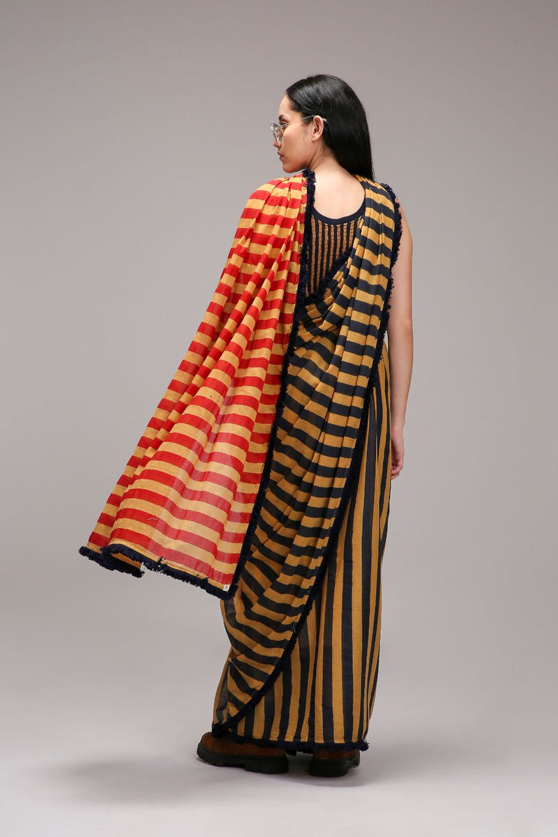 Tan-Brown Bodysuit & Dual Striped Saree Set (2 PCS) cotton by Mati in brown color for women Worldwide