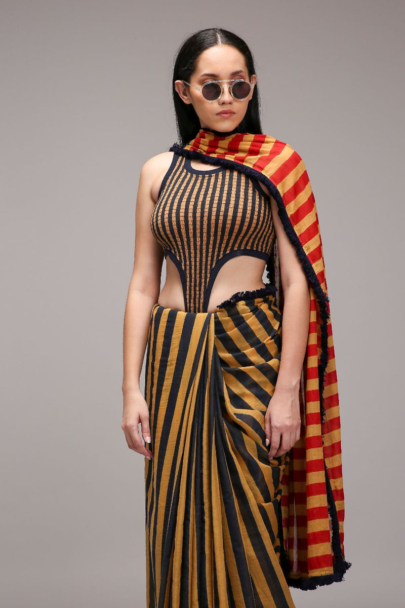 Tan-Brown Bodysuit & Dual Striped Saree Set (2 PCS) cotton by Mati in brown color for women Worldwide