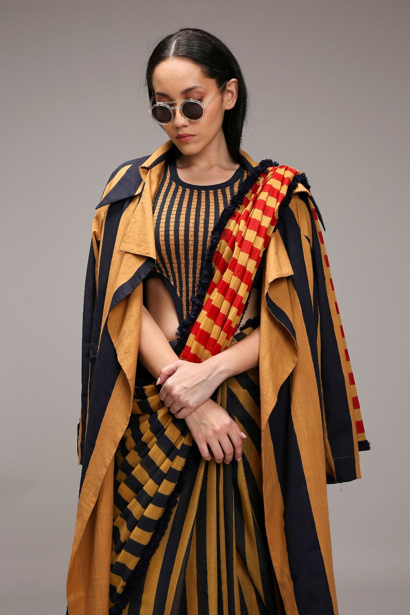 Tan-Brown Bodysuit with Trench & Dual Striped Saree Set (3 PCS) cotton by Mati in brown color for women Worldwide