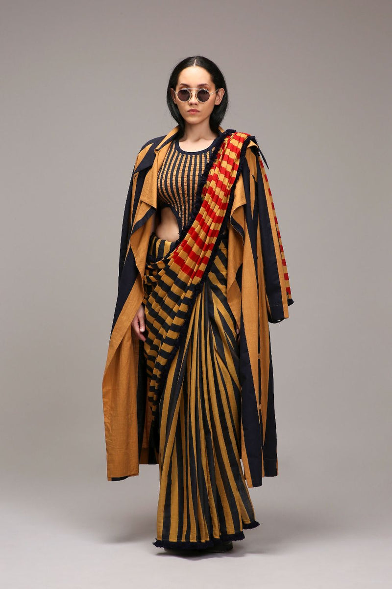 Tan-Brown Bodysuit with Trench & Dual Striped Saree Set (3 PCS) cotton by Mati in brown color for women Worldwide