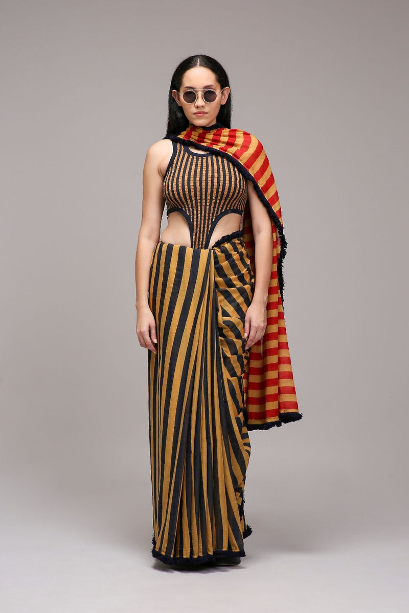 Tan-Brown Bodysuit with Trench & Dual Striped Saree Set (3 PCS) cotton by Mati in brown color for women Worldwide