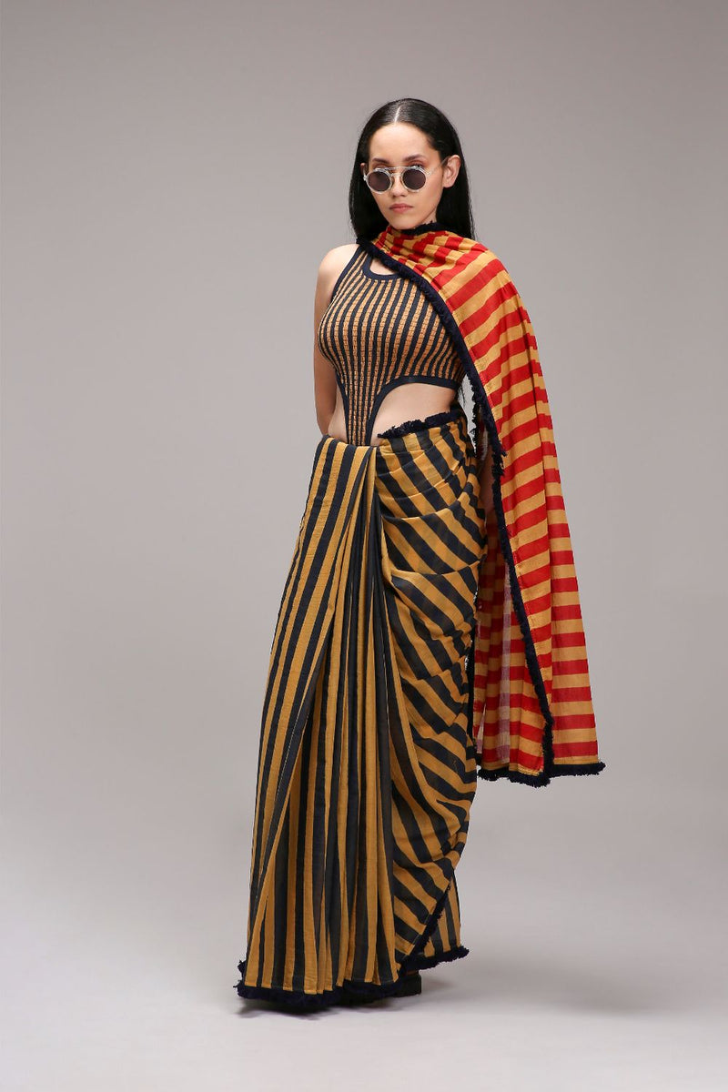 Tan-Brown Bodysuit with Trench & Dual Striped Saree Set (3 PCS) cotton by Mati in brown color for women Worldwide