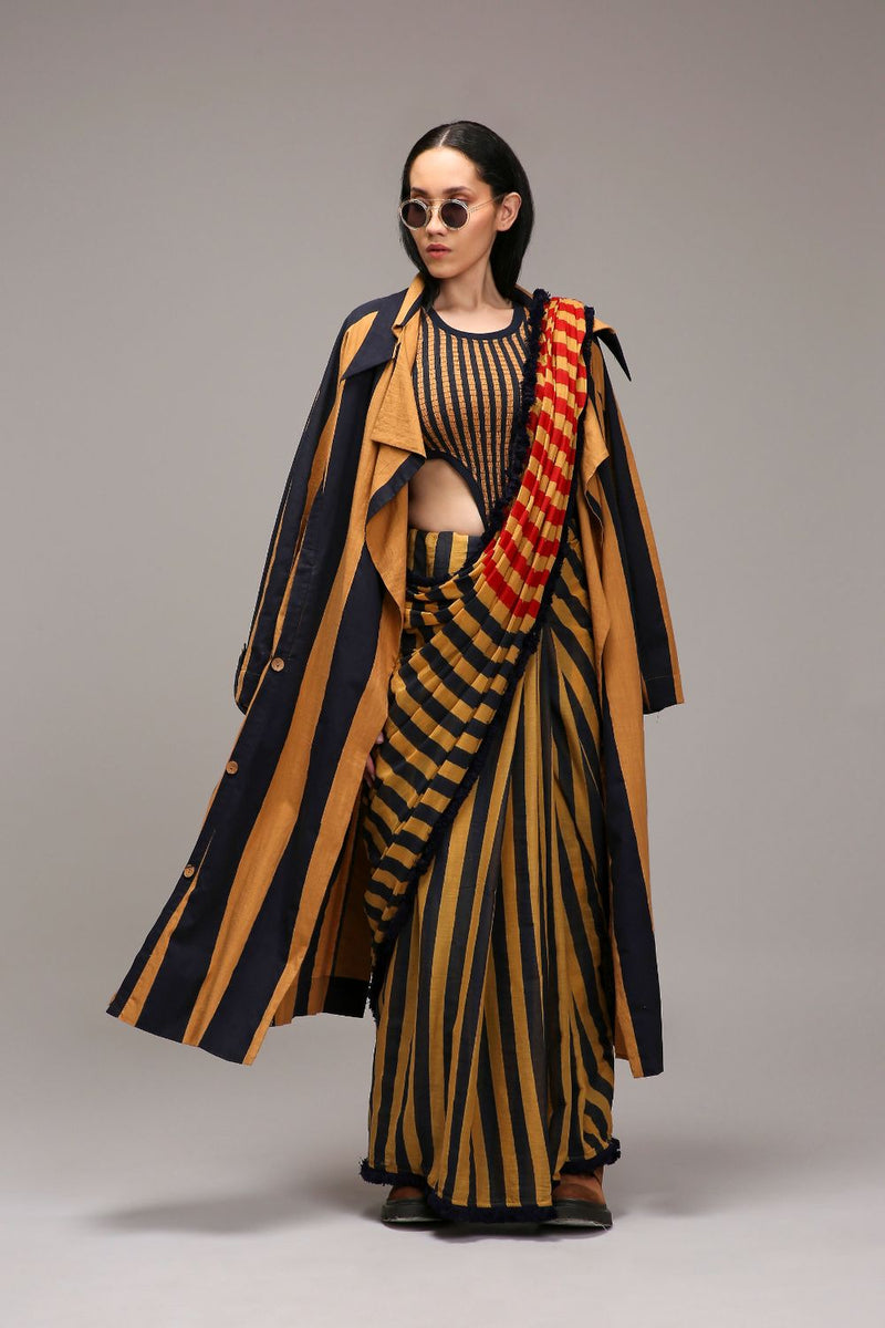 Tan-Brown Bodysuit with Trench & Dual Striped Saree Set (3 PCS) cotton by Mati in brown color for women Worldwide
