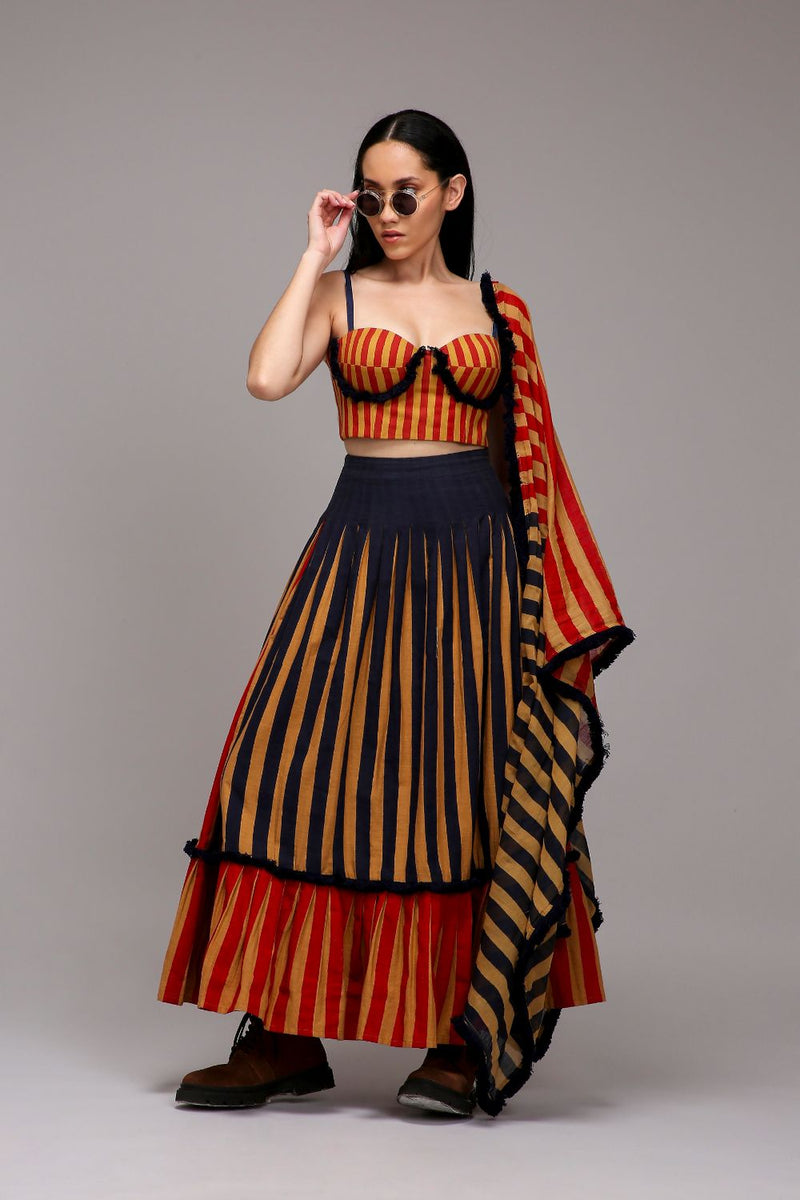 Tan-Brown Corset Dual Striped Stole Skirt Set (3 PCS) cotton by Mati in brown color for women Worldwide