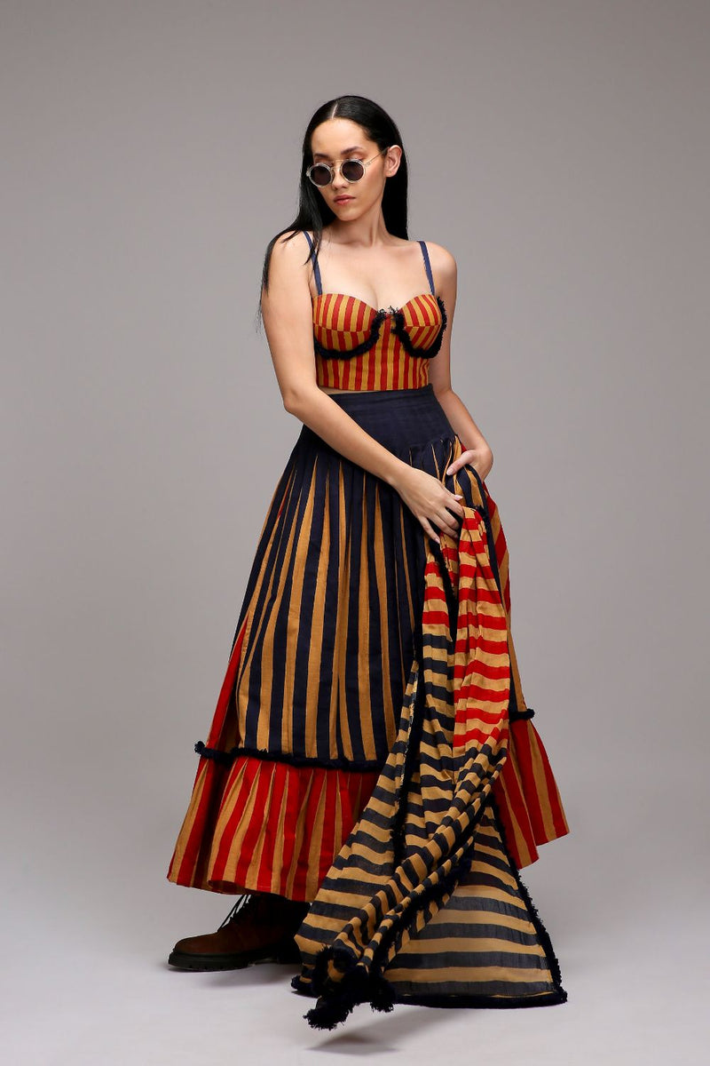Tan-Brown Corset Dual Striped Stole Skirt Set (3 PCS) cotton by Mati in brown color for women Worldwide