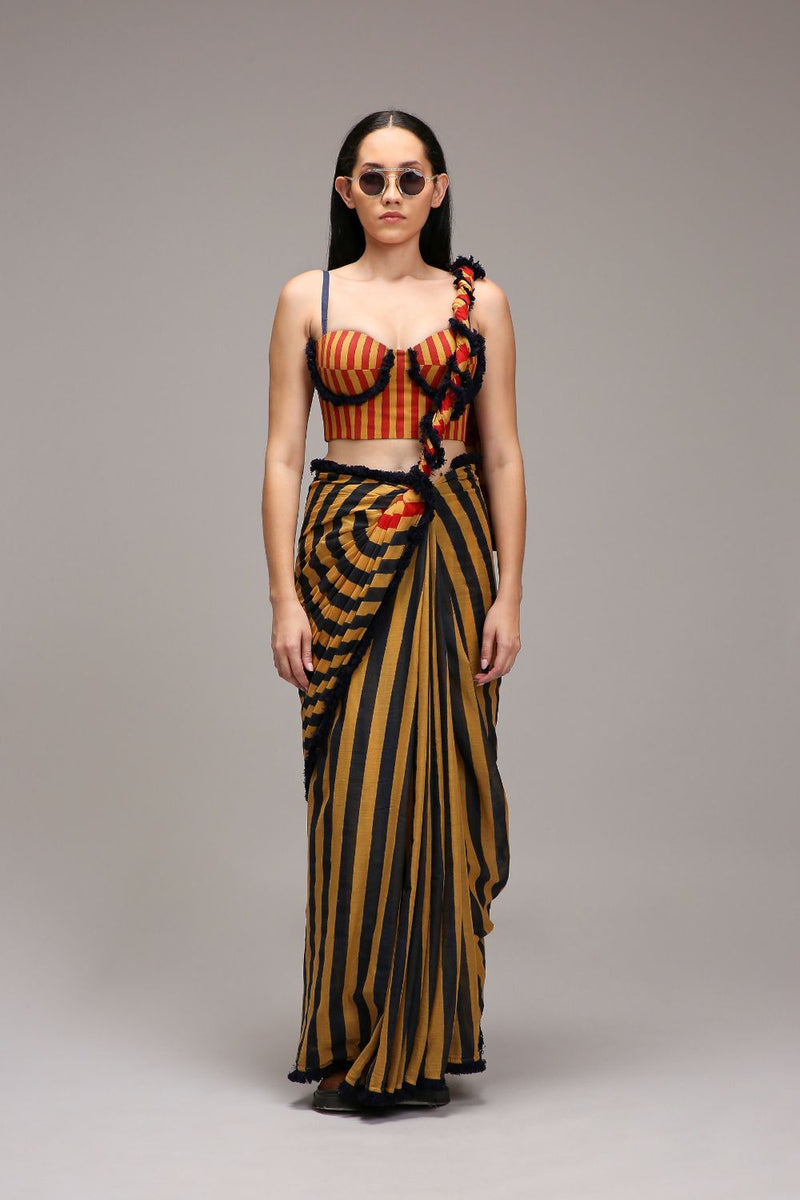 Tan-Brown Corset & Dual Striped Saree Set (2 PCS) cotton by Mati in brown color for women Worldwide