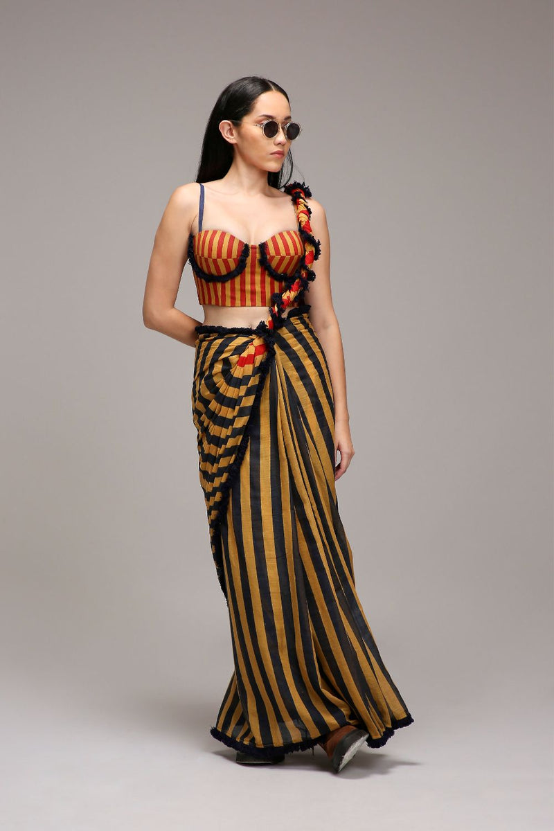Tan-Brown Corset & Dual Striped Saree Set (2 PCS) cotton by Mati in brown color for women Worldwide
