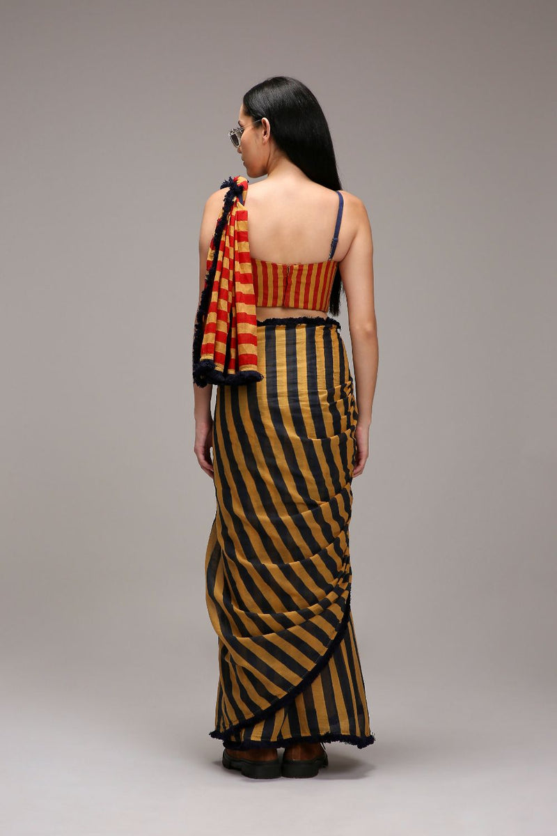 Tan-Brown Corset & Dual Striped Saree Set (2 PCS) cotton by Mati in brown color for women Worldwide