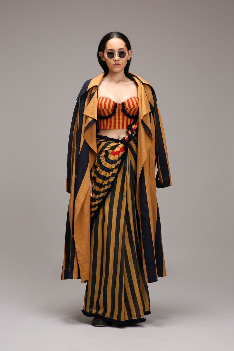Tan-Brown Corset with Trench Jacket & Dual Striped Saree Set (3 PCS) cotton by Mati in brown color for women Worldwide