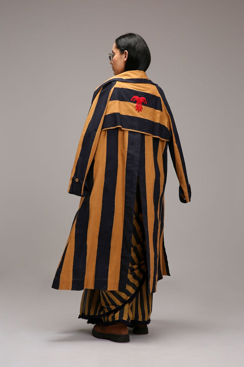 Tan-Brown Corset with Trench Jacket & Dual Striped Saree Set (3 PCS) cotton by Mati in brown color for women Worldwide