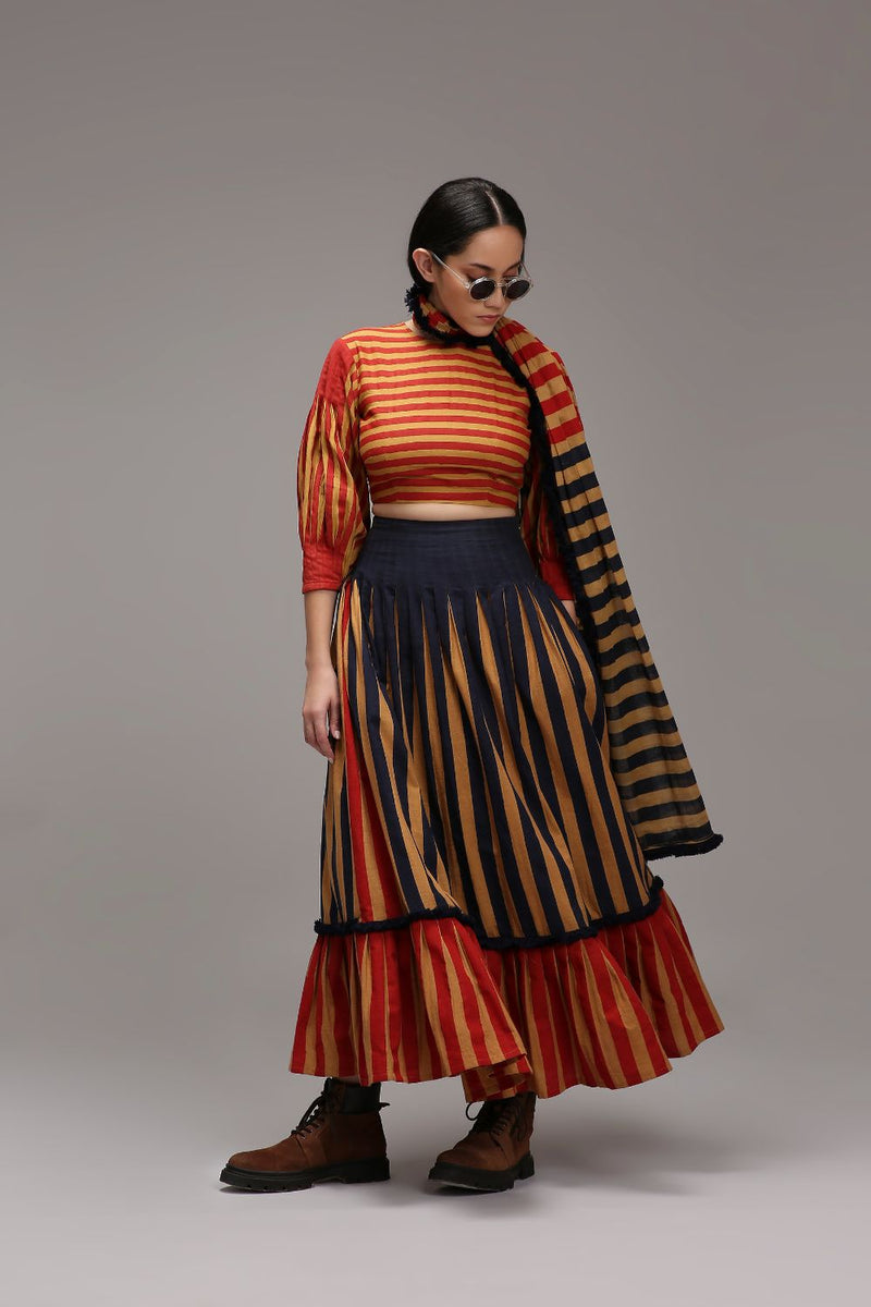 Tan-Brown Crop Top Dual Striped Stole Skirt Set (3 PCS) cotton by Mati in brown color for women Worldwide