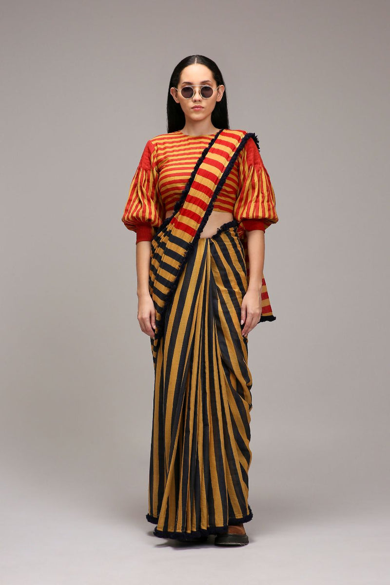 Tan-Brown Crop Top & Dual Striped Saree Set (2 PCS) cotton by Mati in brown color for women Worldwide