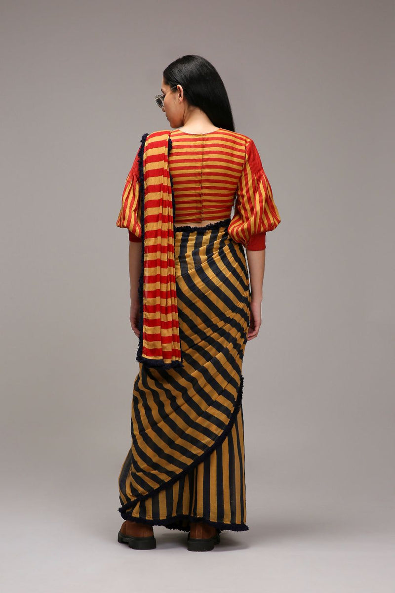 Tan-Brown Crop Top & Dual Striped Saree Set (2 PCS) cotton by Mati in brown color for women Worldwide