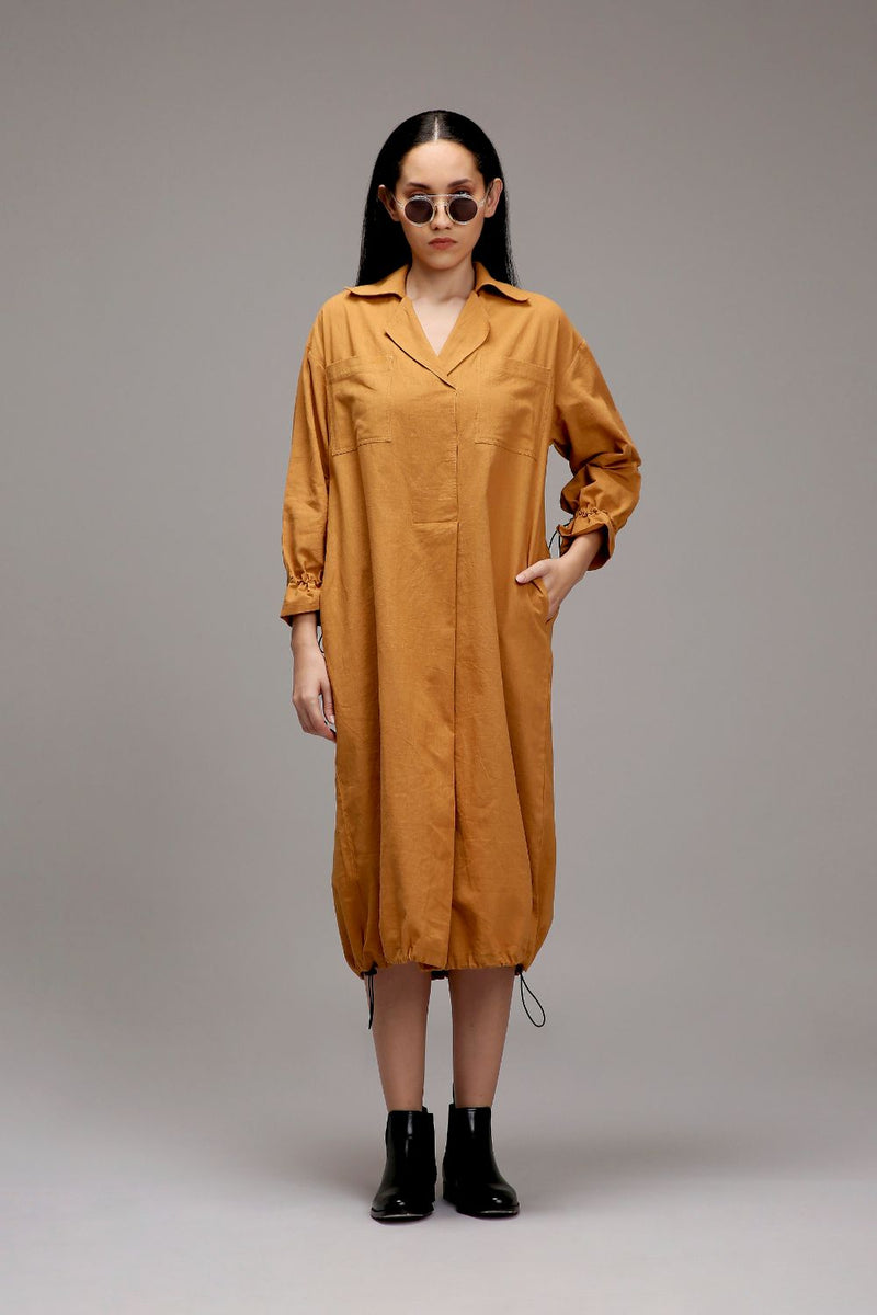 Tan-Brown Elasticated Shirt Dress cotton by Mati in brown color for women Worldwide