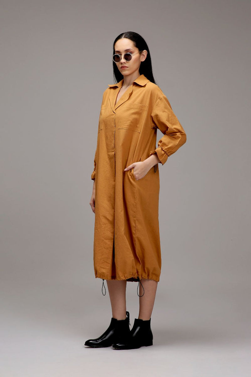 Tan-Brown Elasticated Shirt Dress cotton by Mati in brown color for women Worldwide