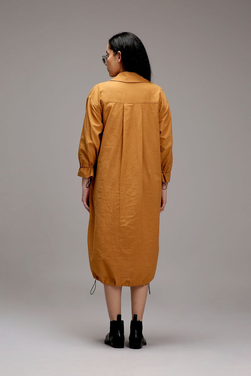 Tan-Brown Elasticated Shirt Dress cotton by Mati in brown color for women Worldwide