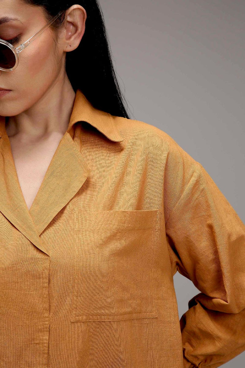 Tan-Brown Elasticated Shirt Dress cotton by Mati in brown color for women Worldwide