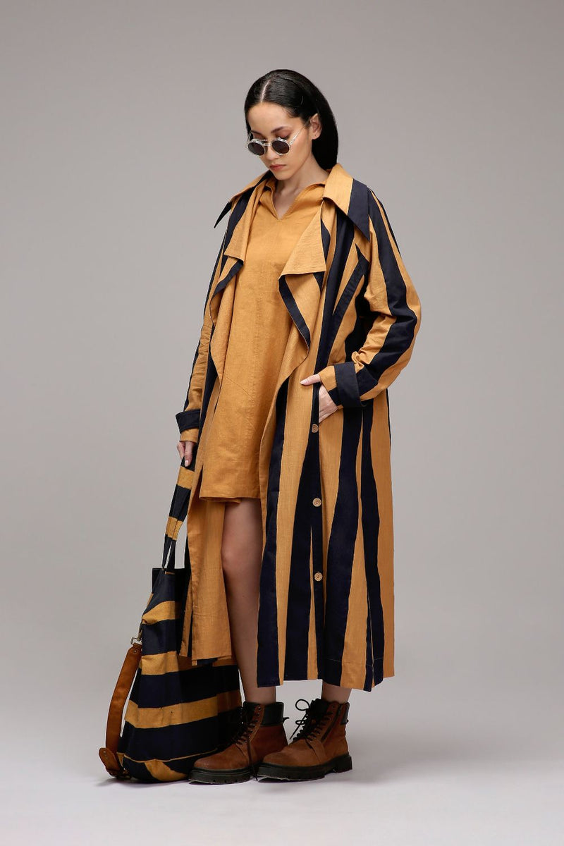 Tan-Brown Jacket & A-Line Shift Dress Set (2 PCS) cotton by Mati in brown color for women Worldwide