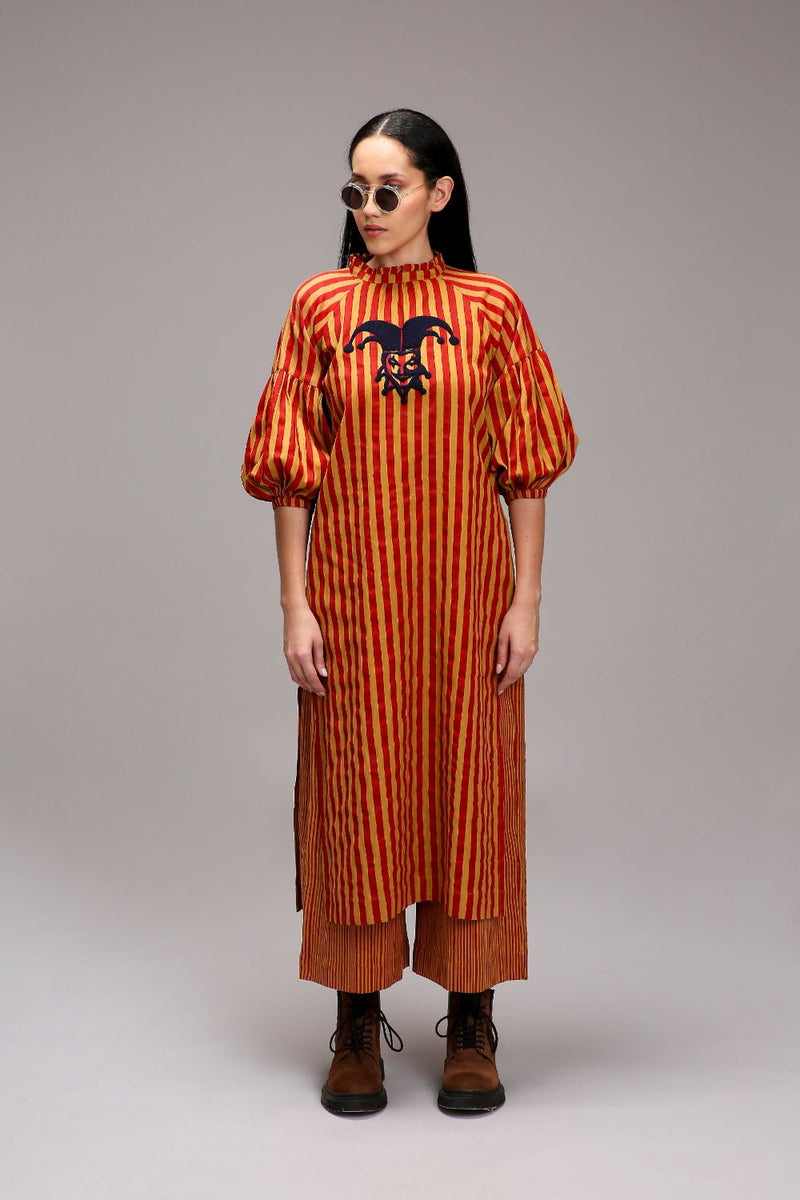 Tan-Brown Red Striped Big Joker Tunic Set (2 PCS) cotton by Mati in brown color for women Worldwide