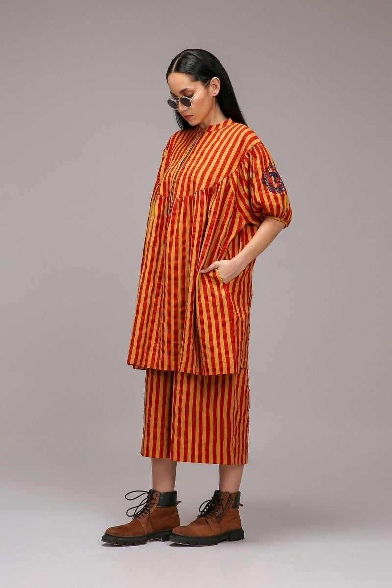 Tan-Brown Red Striped Capre Pants cotton by Mati in brown color for women Worldwide