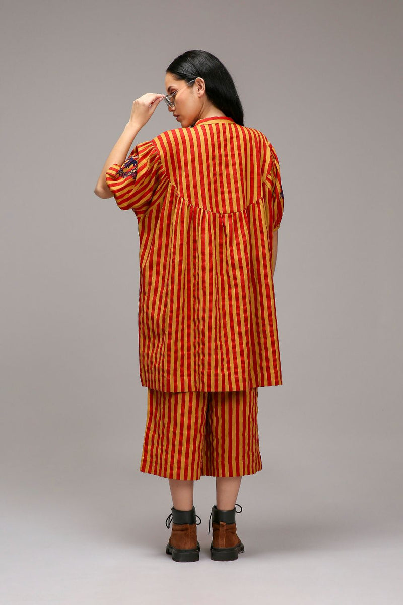 Tan-Brown Red Striped Short Acra Tunic cotton by Mati in brown color for women Worldwide