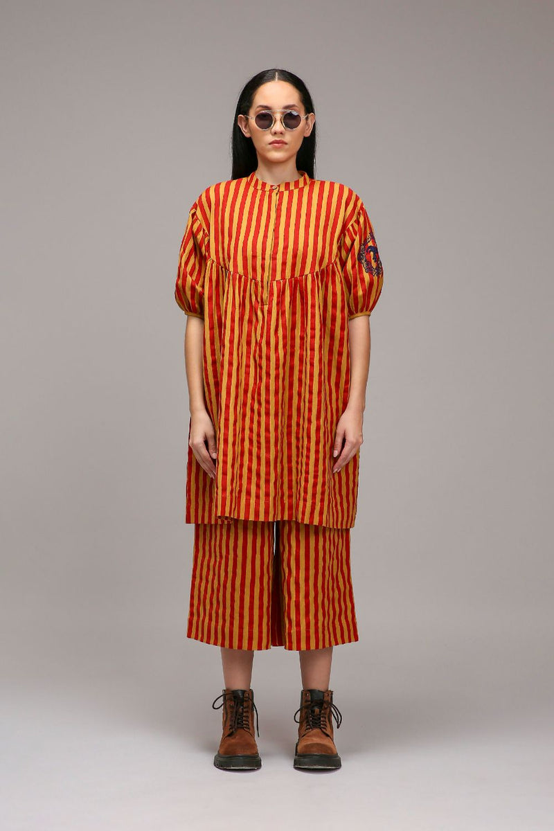 Tan-Brown Red Striped Short Acra Tunic cotton by Mati in brown color for women Worldwide