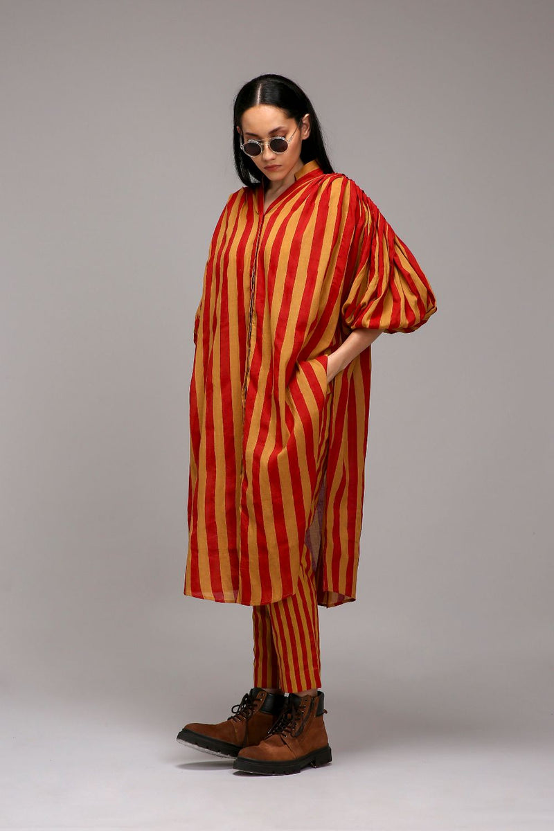 Tan-Brown Red Striped Baha Tunic cotton by Mati in brown color for women Worldwide