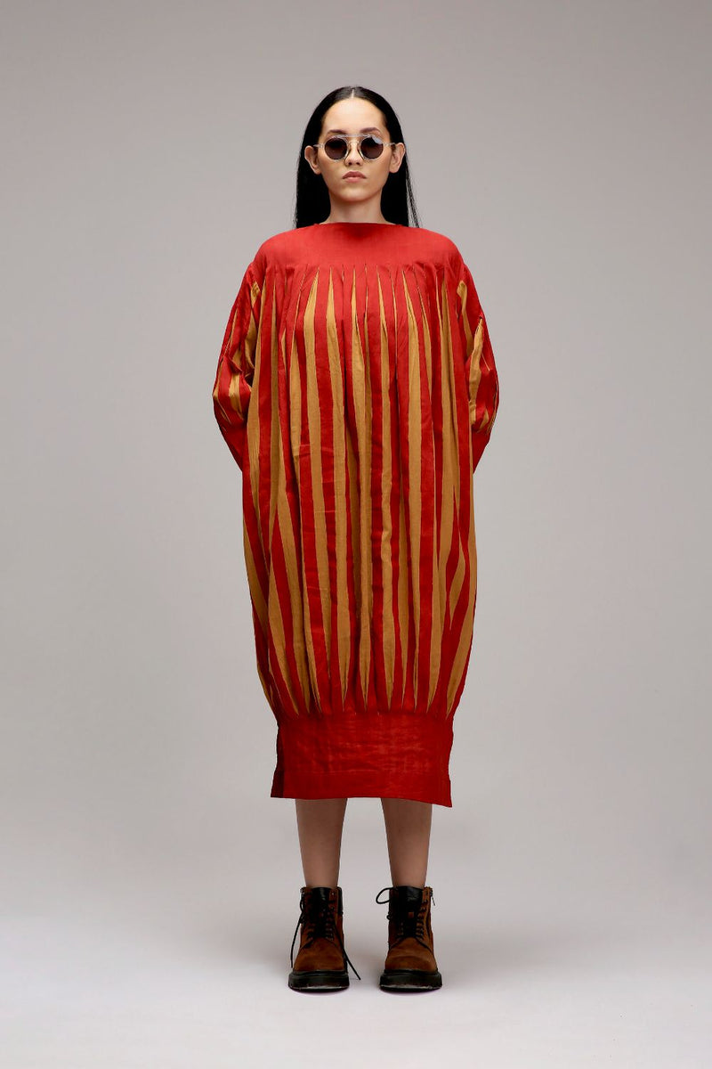 Tan-Brown Red Striped Balloon Dress cotton by Mati in brown color for women Worldwide
