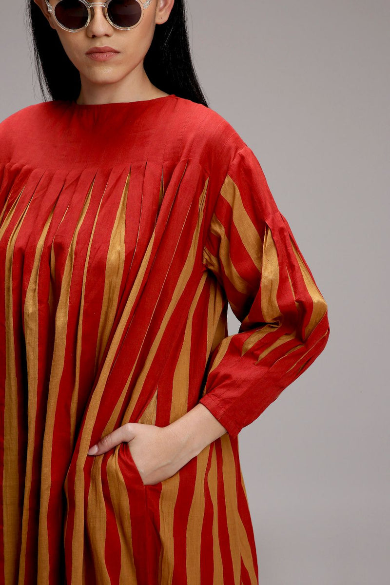 Tan-Brown Red Striped Balloon Dress cotton by Mati in brown color for women Worldwide