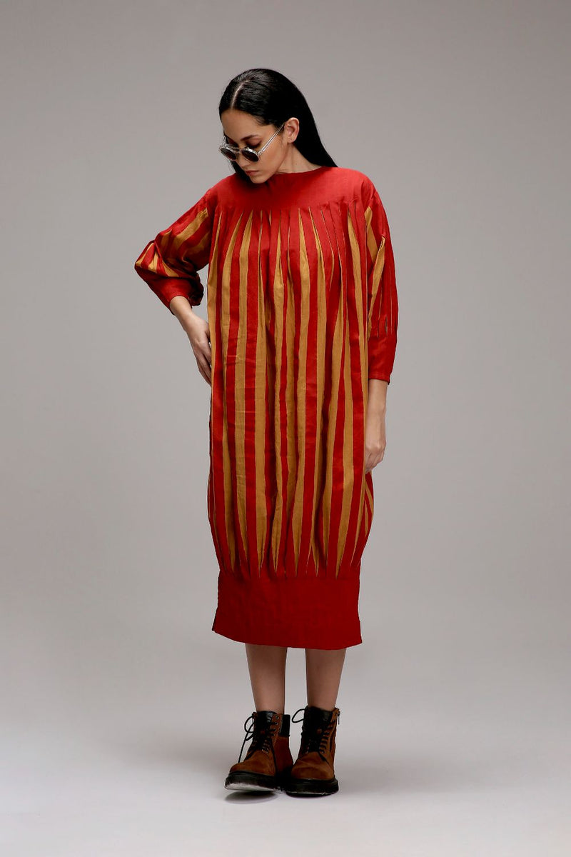 Tan-Brown Red Striped Balloon Dress cotton by Mati in brown color for women Worldwide