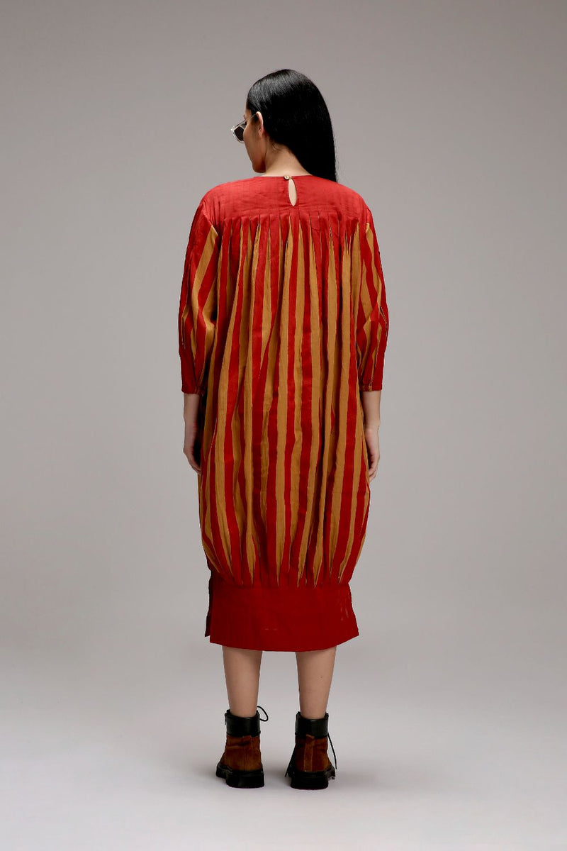 Tan-Brown Red Striped Balloon Dress cotton by Mati in brown color for women Worldwide