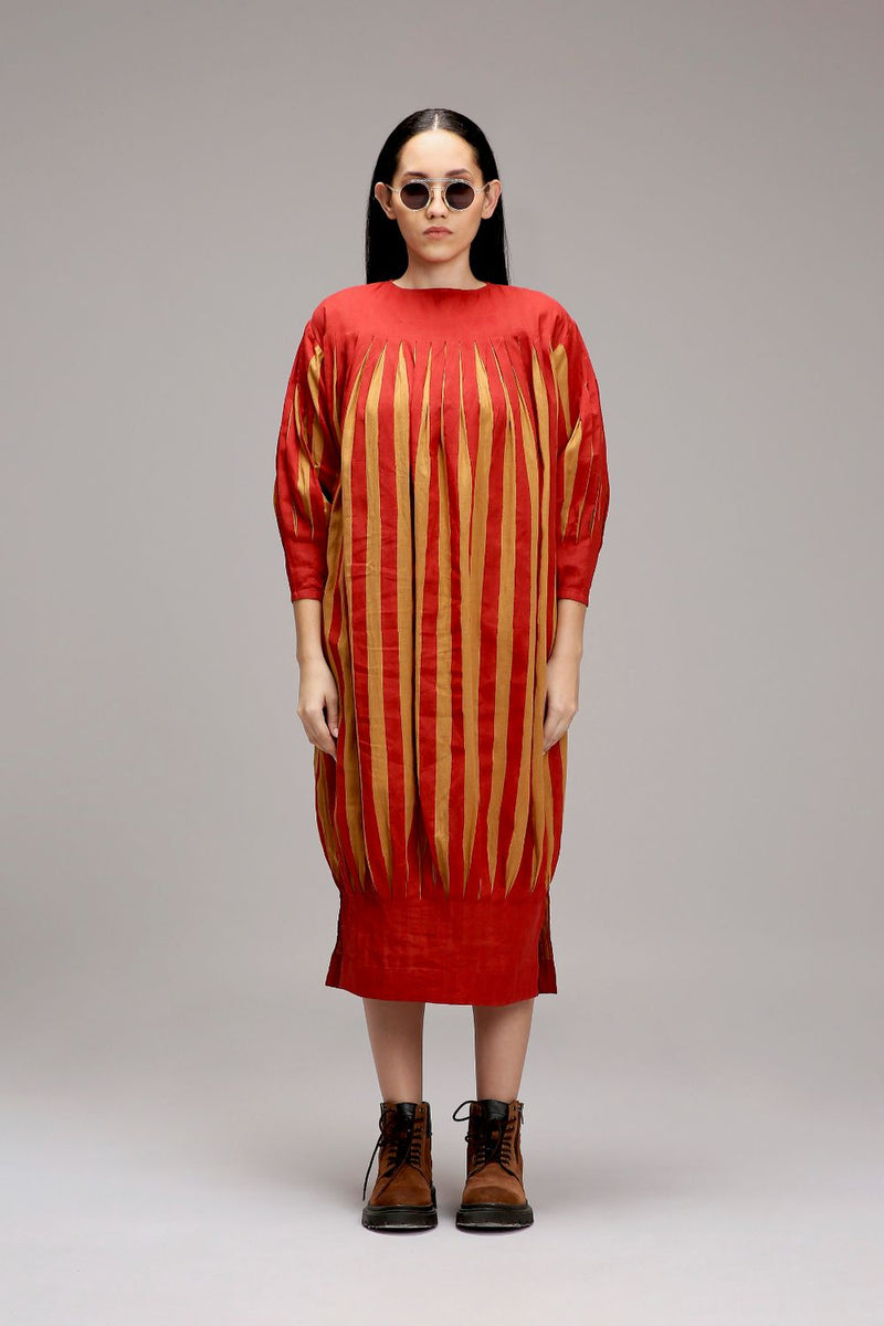 Tan-Brown Red Striped Balloon Dress cotton by Mati in brown color for women Worldwide