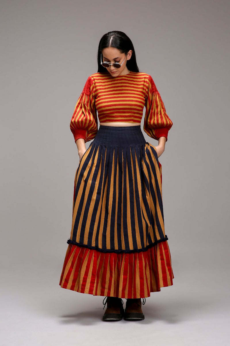 Tan-Brown Red Striped Crop Top cotton by Mati in brown color for women Worldwide