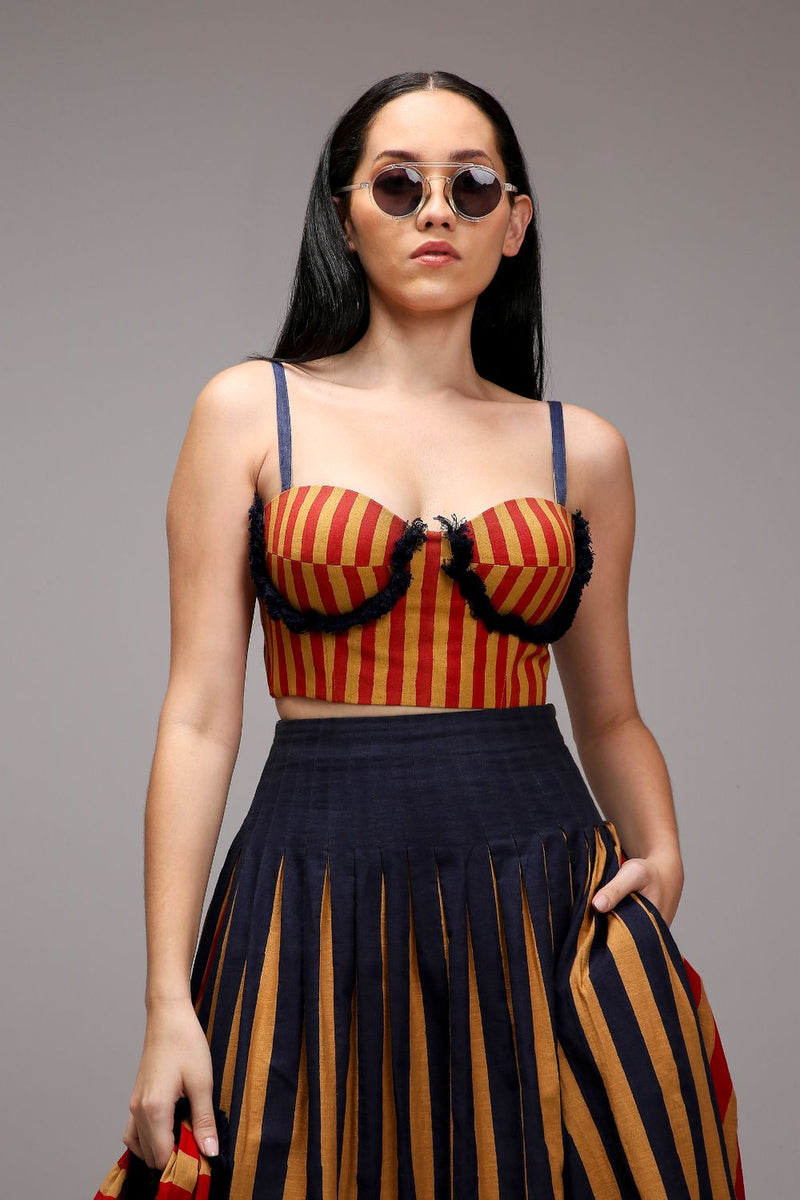 Tan-Brown Red Striped Fringed Corset cotton by Mati in brown color for women Worldwide