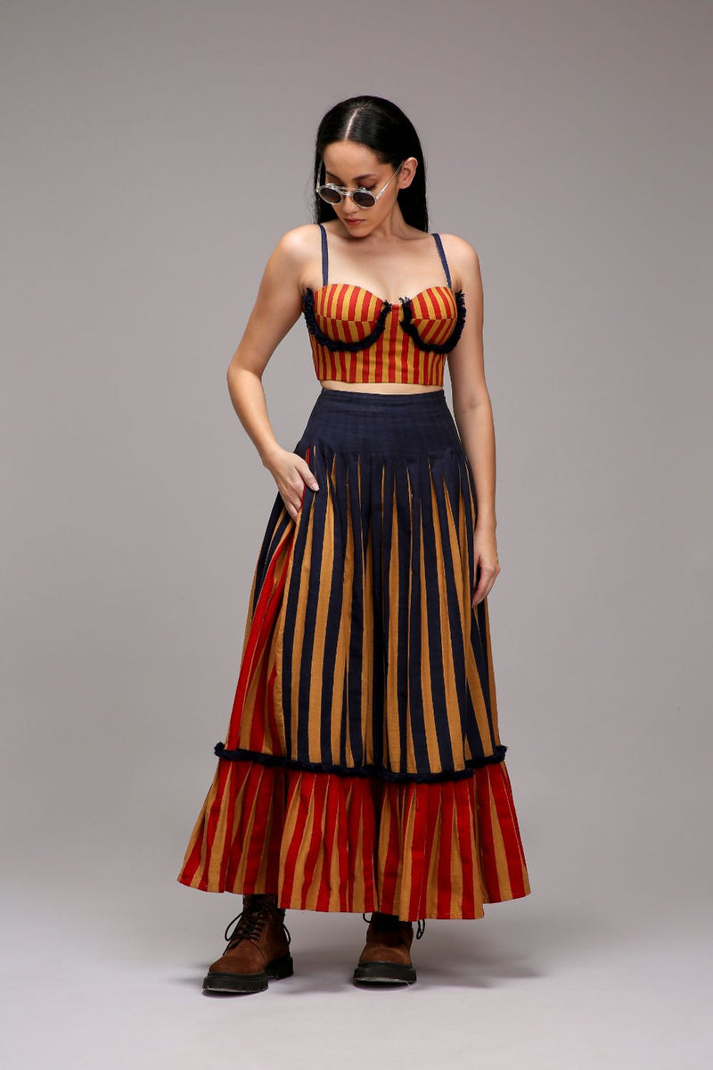 Tan-Brown Red Striped Fringed Corset cotton by Mati in brown color for women Worldwide