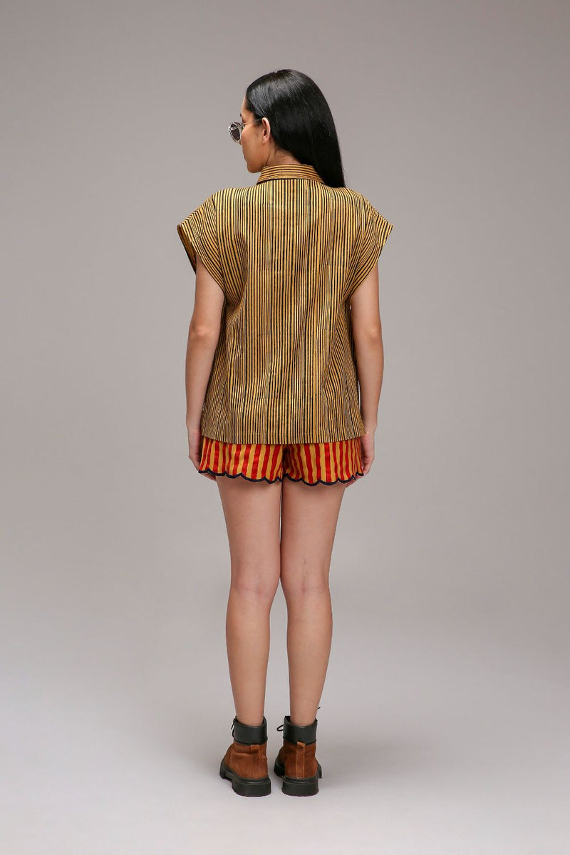 Tan-Brown Red Striped Scallop Shorts cotton by Mati in brown color for women Worldwide